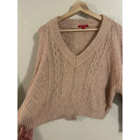 Guess Light Pink Cable Knit Relaxed V Neck Fisherman Chunky Sweater - Picture 4 of 8